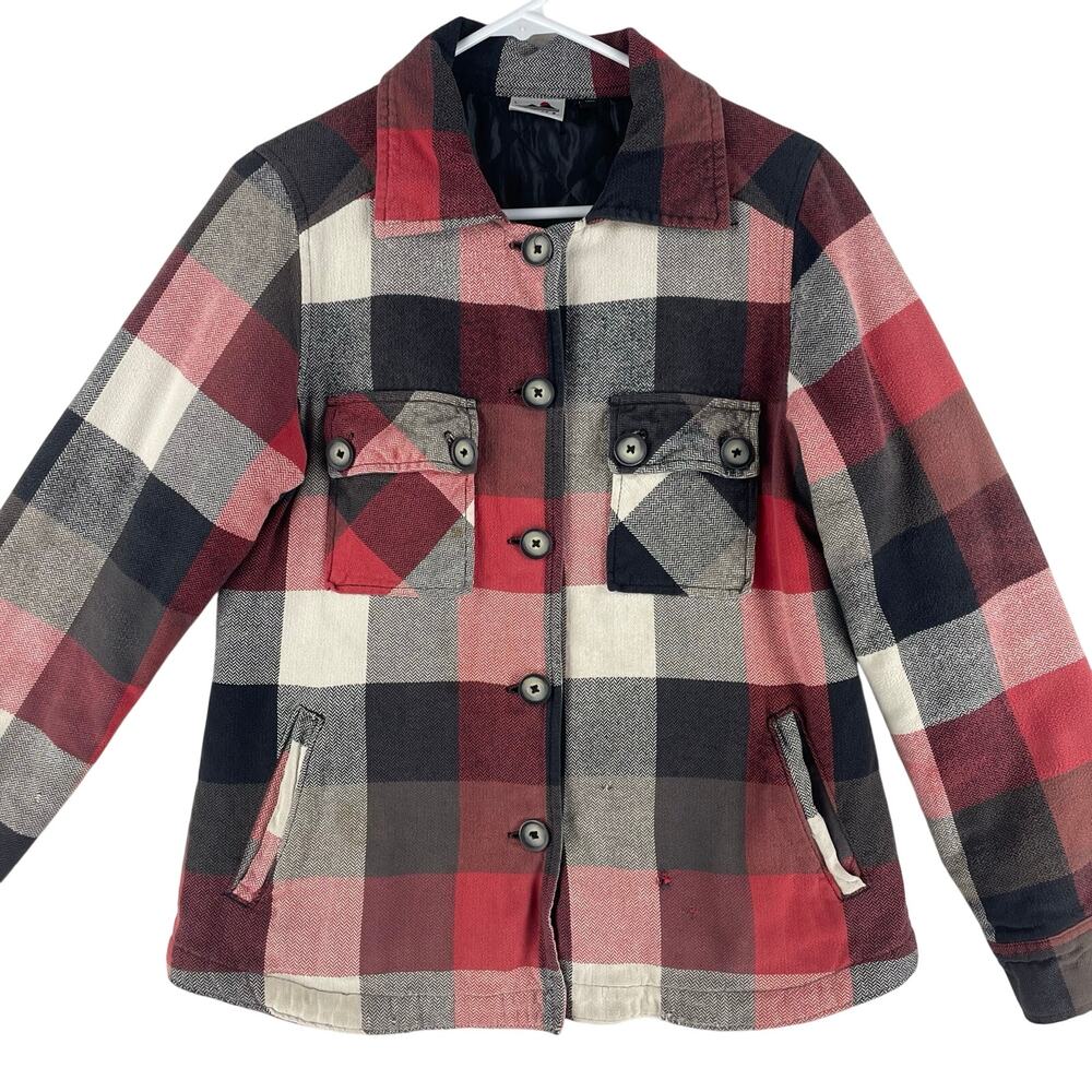 VTG KAVU WMNS Quilted Flannel Shirt Jacket Shacket SZ L Red Black Buffalo Plaid